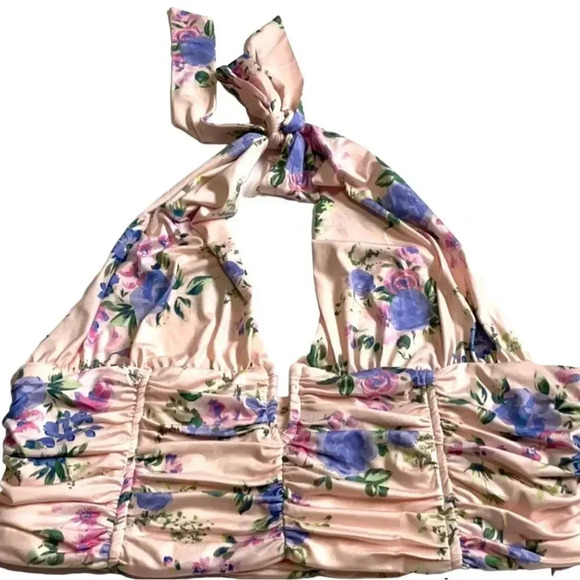 Zara halter crop top Light pink floral print Deep V Ruching NWT XL Feminine - Picture 1 of 11